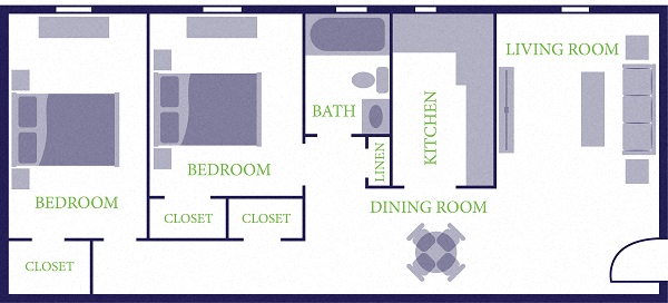 Floor plan for 2 beds, 1 bath, 676 sqft